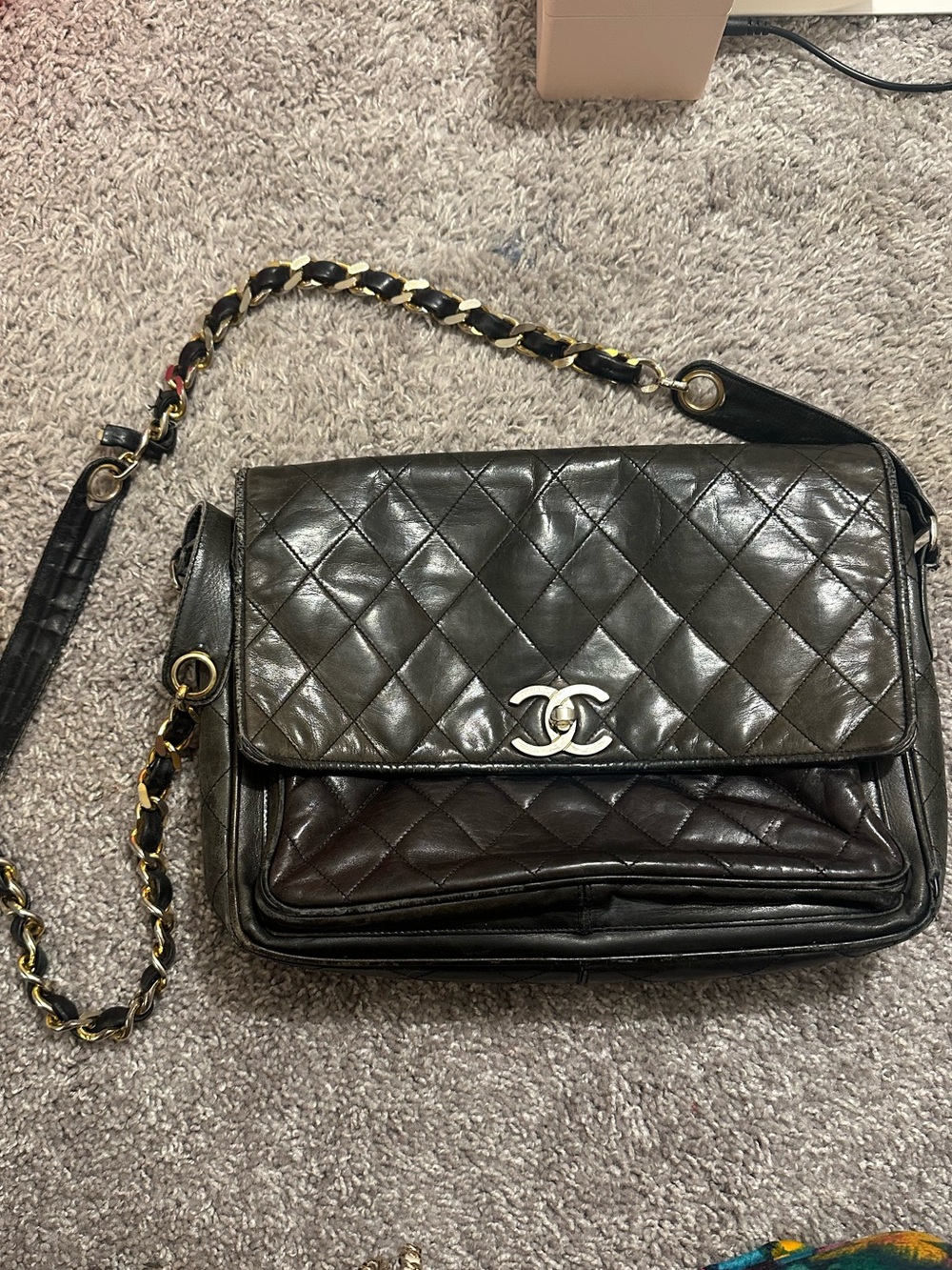 CHANEL Quilted Leather Shoulder Bag in Dark Brown with Gold Hardware